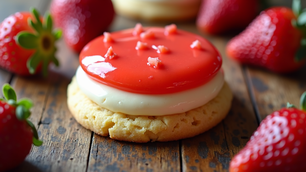 A layered cookie with a base of strawberry shortbread, a middle layer of cream cheese frosting, and a top layer with a decorative strawberry glaze.