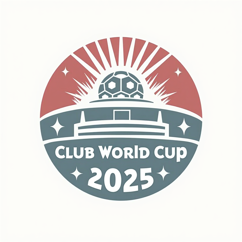 Simple logo idea for the tournament theme: A circular emblem. The top arc features stylized stadium lights fanning upwards and outwards. The bottom arc contains a classic soccer ball pattern. 'FIFA Club World Cup 2025' is typeset centrally or around the perimeter.
