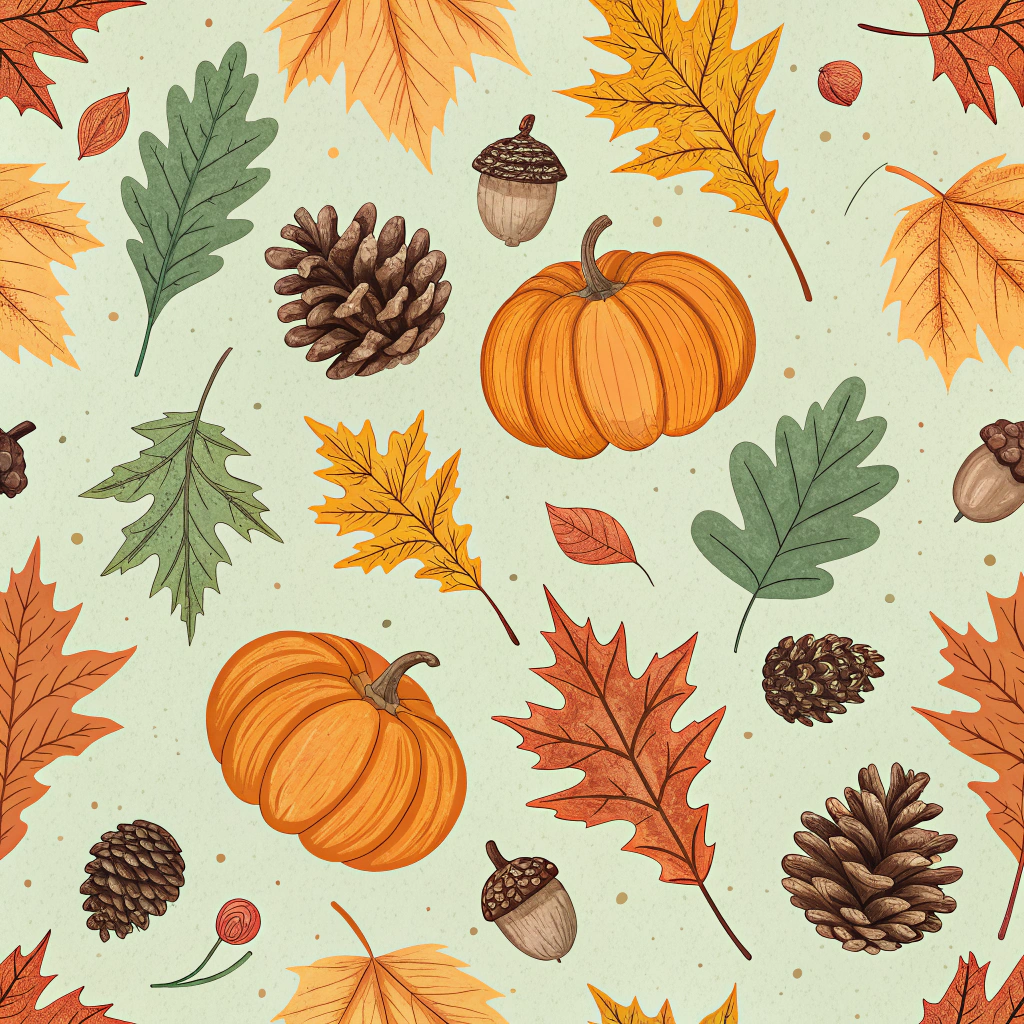 Autumn-themed Thanksgiving pattern with intricately designed oak and maple leaves, pinecones, and pumpkins. This pattern utilizes a soft green background, which allows the rich autumnal hues of the motifs to shine, conveying the natural beauty of the fall season.