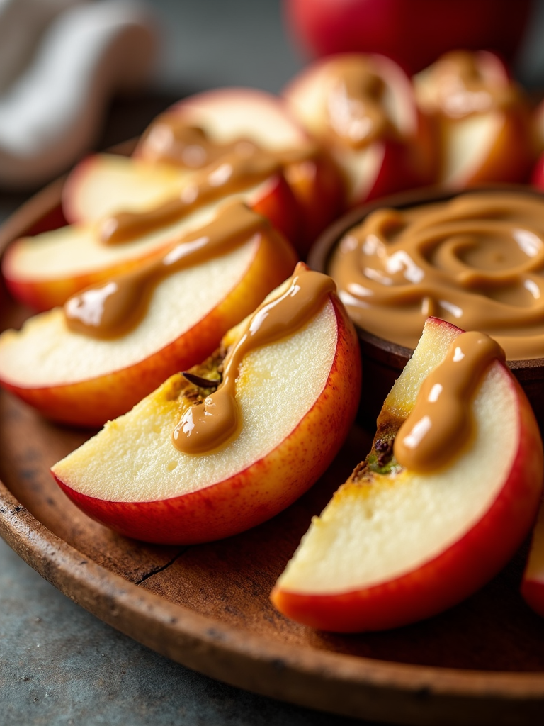 Caramelized apple slices with a warm peanut butter drizzle, offering a twist to the classic pairing.