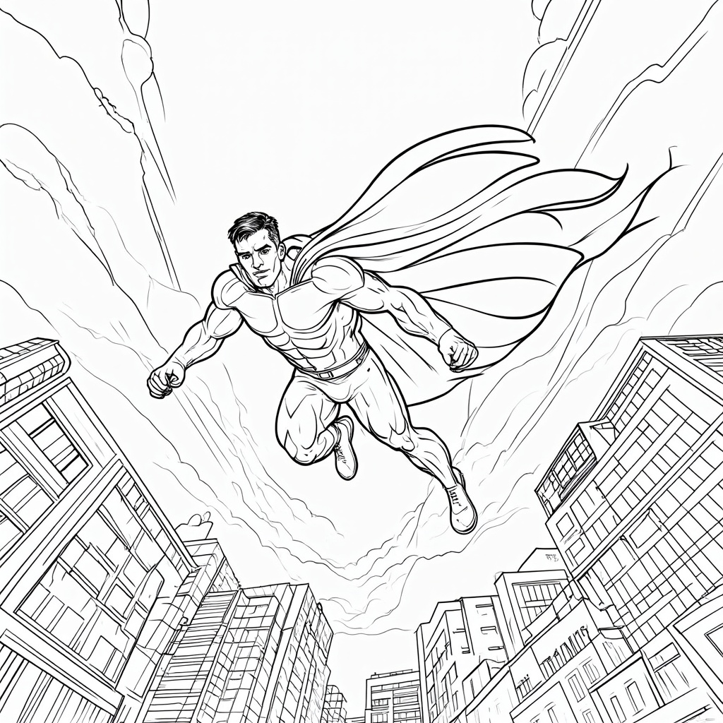 A superhero soaring above a detailed cityscape, with dynamic lines emphasizing speed and altitude.