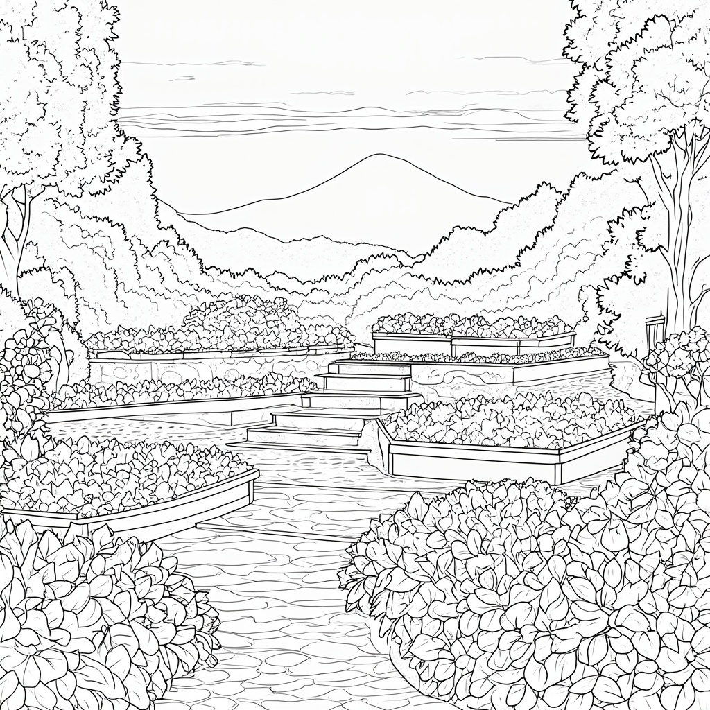 A landscape coloring page depicting a scenic view of the terraced rose beds at the International Rose Test Garden, with Mount Hood or the city skyline faintly visible in the background.