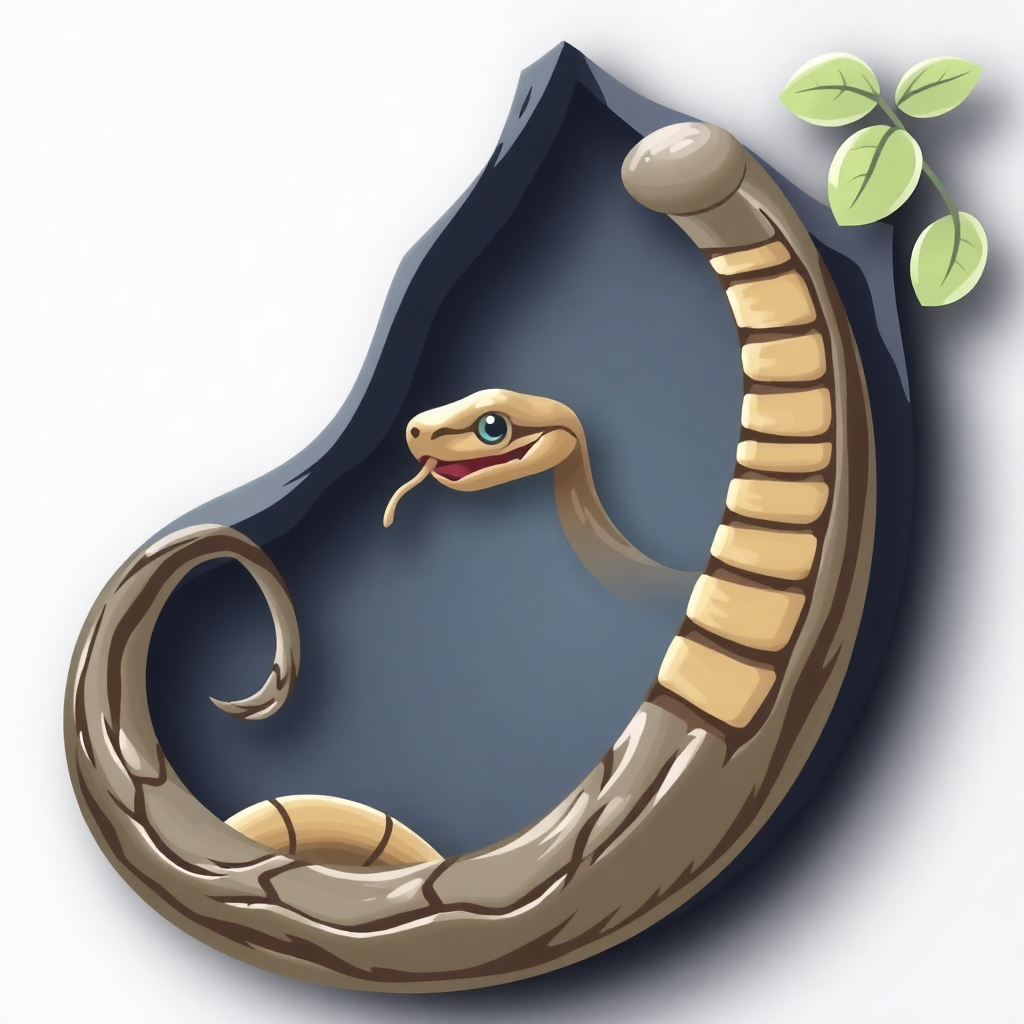 The image is a digital illustration of a snake coiled up on a dark blue background. The snake is facing towards the right side of the image, with its head turned towards the left side. It has a long, slender body with a pointed snout and a pointed tail. The body of the snake is a light brown color with darker brown stripes running along its length. On the top right corner, there are two green leaves, one on each side, that are slightly curved. The background is a solid dark blue color, creating a contrast with the snake and leaves. The overall style of the illustration is cartoon-like and playful.