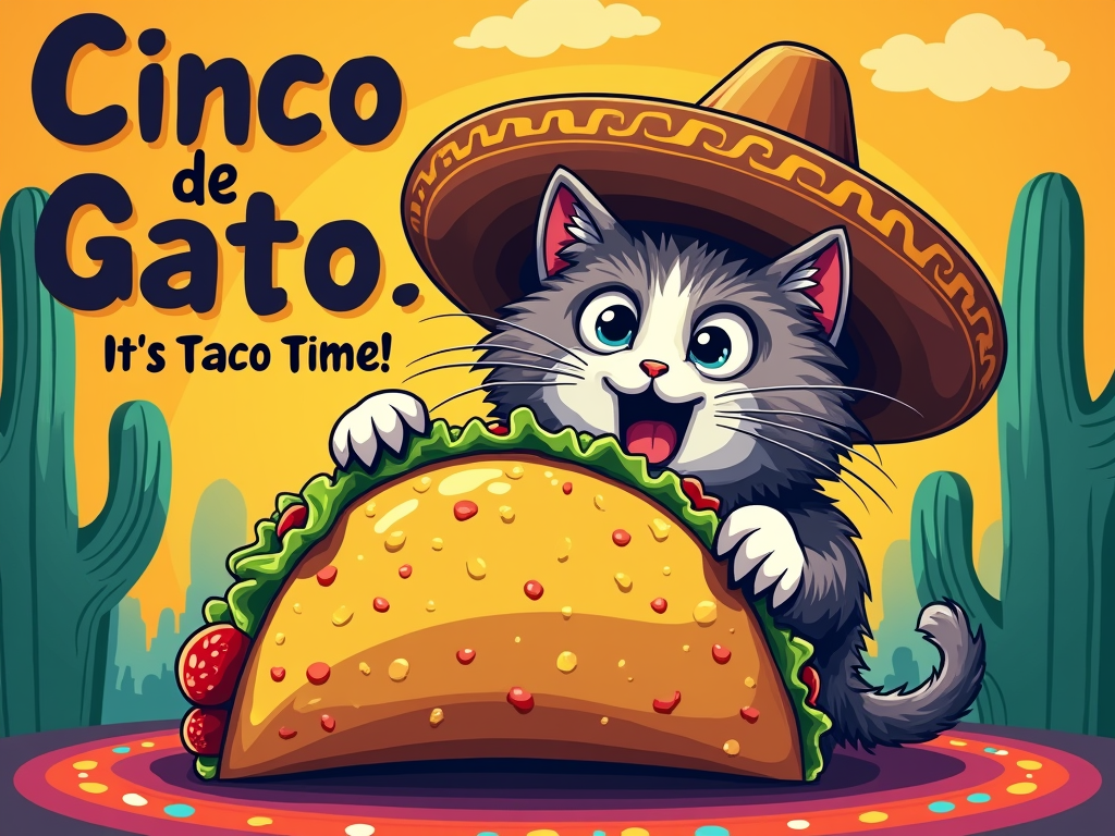 Taco Tuesday Gato: A humorous design of a cat in a sombrero with wide eyes, hilariously attempting to devour a giant taco that's almost as big as it is. Text: 'Cinco de Gato: It's Taco Time!'