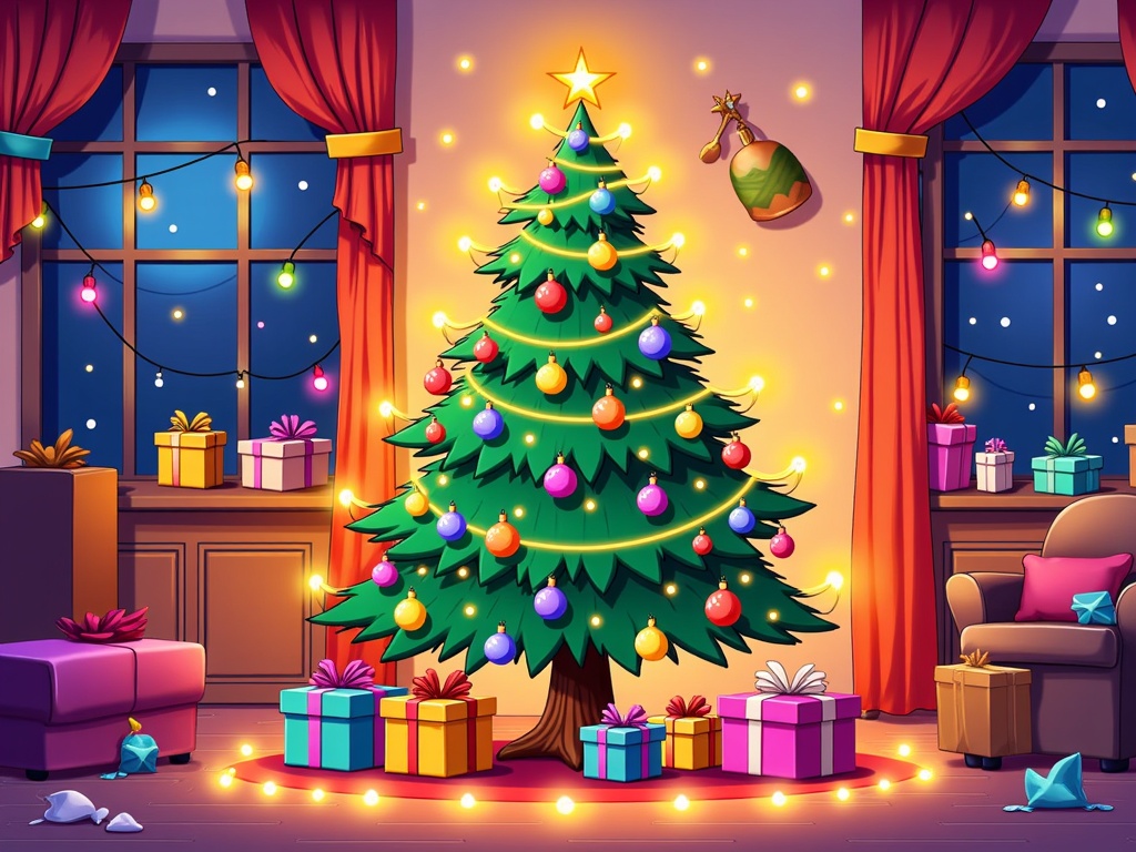 The image shows a living room with a Christmas tree decorated with colorful ornaments, lights, and a star on top. There are gift boxes scattered around the tree, a sofa with pillows, and windows with curtains in the background. On the right side of the image, there is an object on the wall.