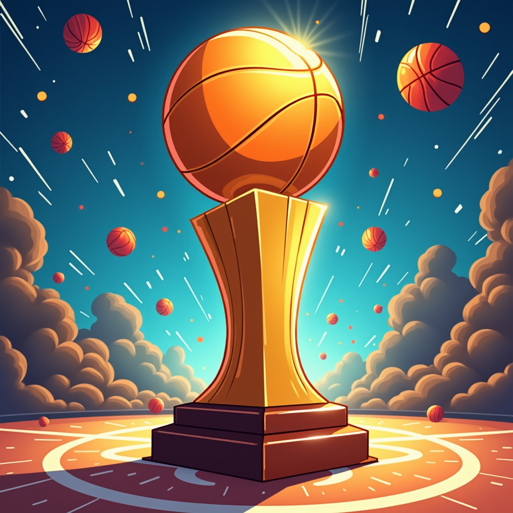 The NBA Trophy depicted in a vibrant colored pencil drawing. Gold and deep brown pencils are used to illustrate the reflective nature of the trophy, with motion lines surrounding it as if illustrating its dynamism and appeal.