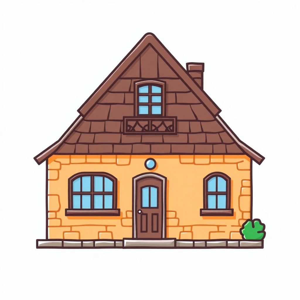 The image is a cartoon illustration of a small house. The house is made of stone and has a sloping roof with a chimney on the right side. The front of the house has a brown door with a small window above it. There are two windows on either side of the door, one with blue shutters and the other with white shutters. Above the door is a small balcony with a railing. There is also a small green plant on the ground in front of one of the windows. The overall style of the illustration is simple and cartoon-like.