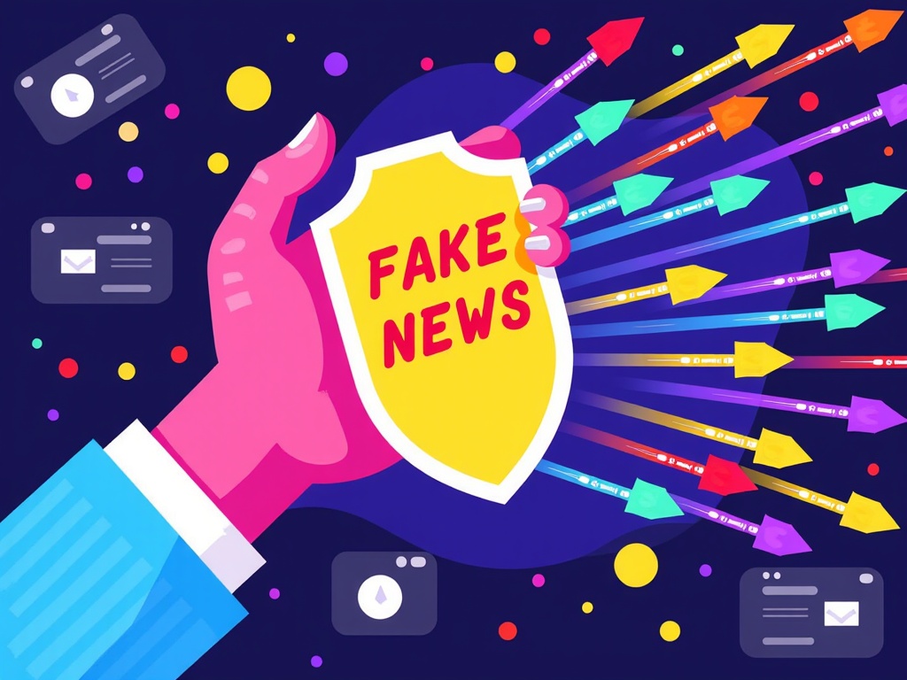 Illustration: A hand holding a digital shield protecting users from arrows labeled 'Fake News' on a social media interface.