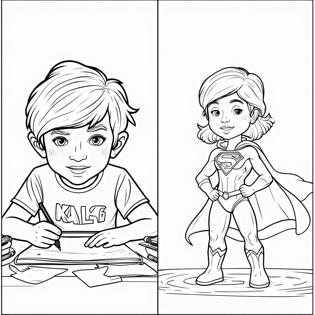 A 'split screen' style page: one half shows the child drawing diligently, the other half shows their created superhero striking a dynamic, heroic pose.