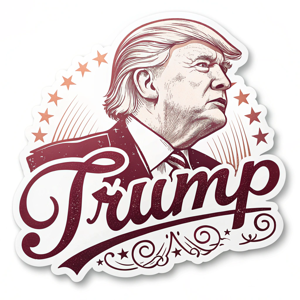 A sticker featuring a stylized portrait of Trump with a memorable quote written in a unique font as a surrounding border.