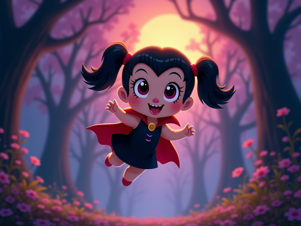 The image is a digital illustration of a cute little girl with dark hair and big eyes. She is wearing a black dress with a red cape and a yellow necklace. She has two pigtails on her head and is flying through the air with her arms outstretched. The background is a forest with tall trees and pink flowers. The sun is shining through the trees, creating a warm glow in the sky. The overall mood of the image is magical and whimsical.