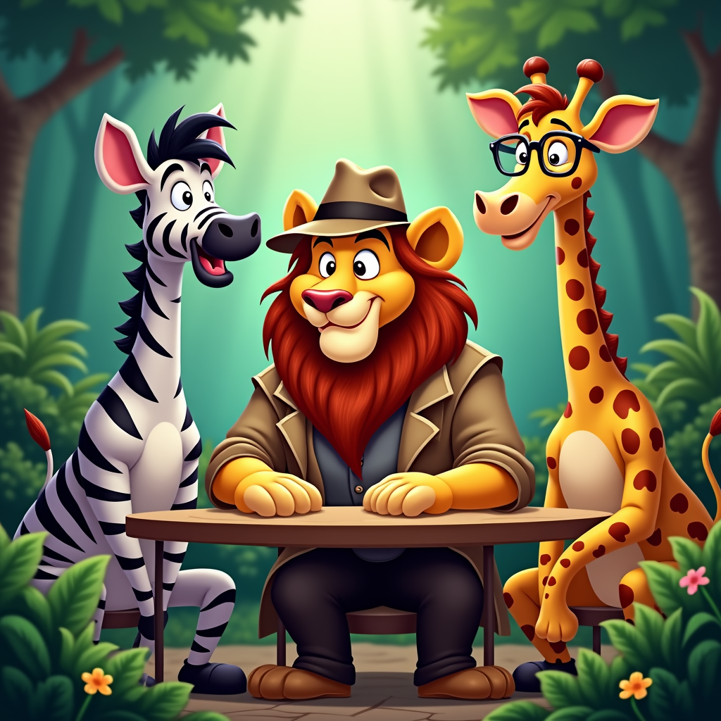 A lion detective interviewing other animal characters, like a zebra or a giraffe.