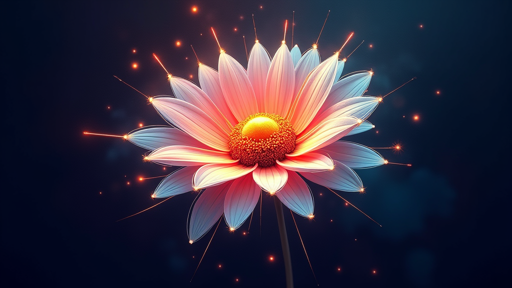 Design showcasing a stylized, geometric daisy at the center, erupting with vibrant, abstract bursts of chromatic energy. The energy is depicted as sharp, angular light fragments and soft, glowing blurs against a dark background.