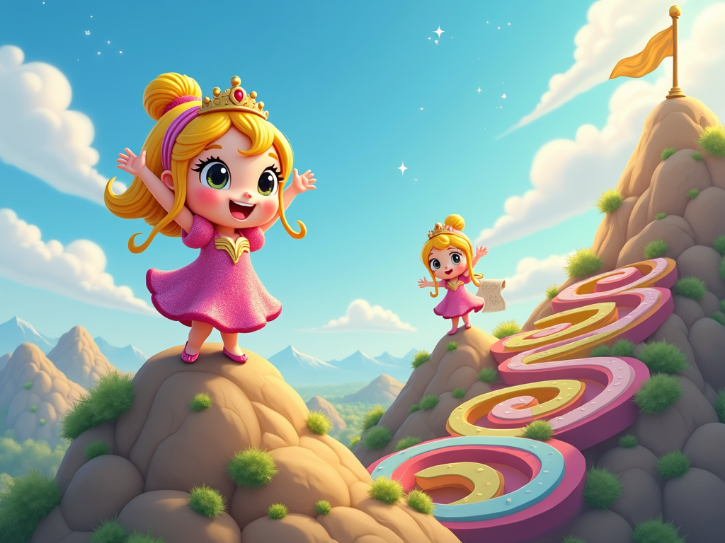 A chibi princess in various poses showing her adventure. She could be climbing a small mountain or navigating a maze. The scenes could show the 'before, during, and after' of her experience.