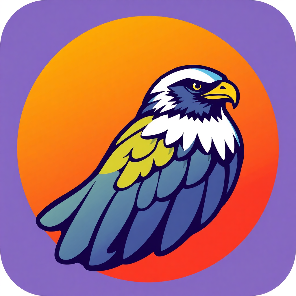 The image is a graphic illustration of an eagle in flight. The eagle is facing towards the right side of the image, with its wings spread wide and its head turned slightly to the left. The background is a gradient of orange and purple, with a yellow circle in the center. The bird's feathers are a mix of blue, yellow, and white, with hints of yellow and orange. Its beak is yellow and its eyes are a piercing yellow. The overall style of the illustration is cartoon-like, with bold lines and bright colors.