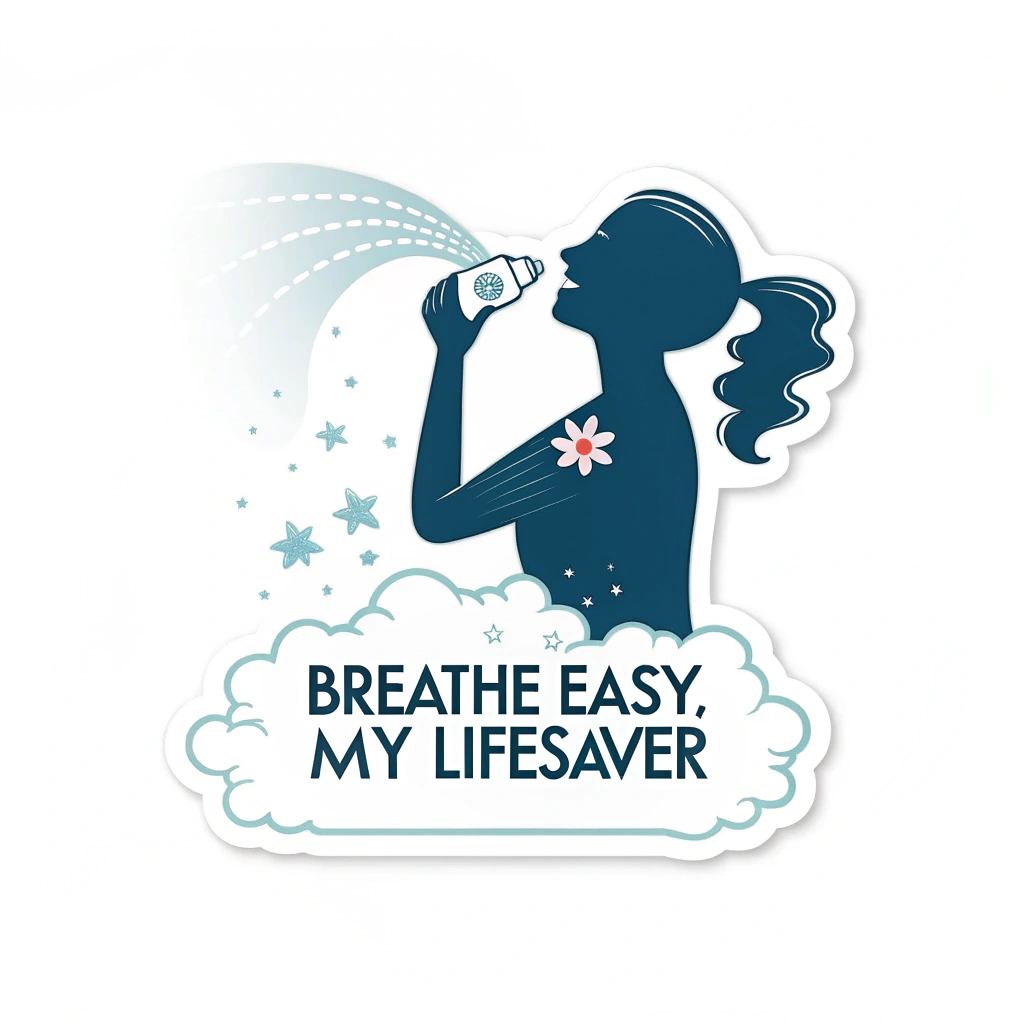 Sub-design 3: A sticker showing a silhouette of a person using an inhaler, with a visible 'puff of relief' (stylized as a gentle cloud or subtle sparkle effect) and the text 'Breathe Easy, My Lifesaver'.