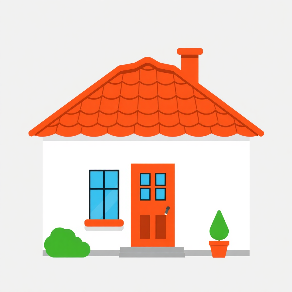 The image is an illustration of a small house with a red tiled roof. The house has a white exterior with a small window on the left side and a red door on the right side. There is a small potted plant on the ground in front of the house. The roof is made up of red tiles and there is a chimney on top. The background is plain white.