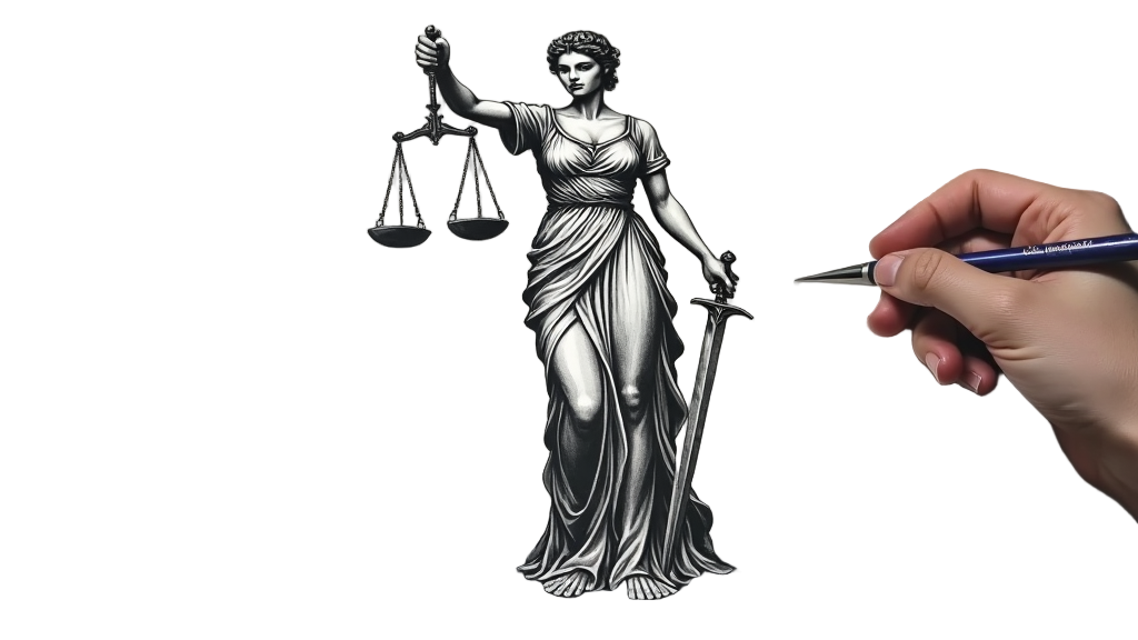 A realistic Lady Justice tattoo captures the fine details of her robes, with textures resembling marble or stone.