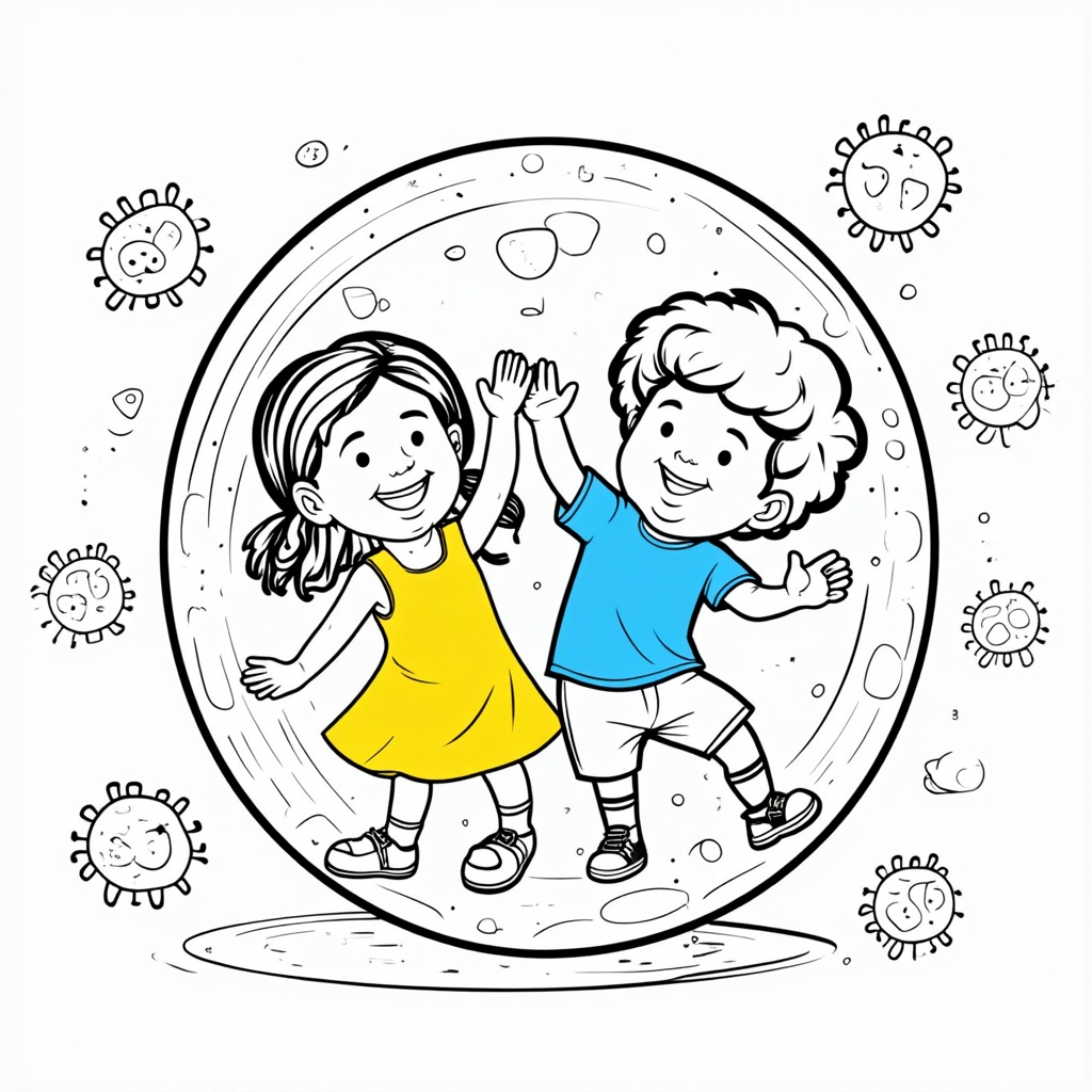 Coloring Page 1: 'The Shield of Health'. Illustrate diverse children playing joyfully inside a vibrant, protective bubble or shield, while stylized measles virus icons are shown outside, unable to enter. The shield can be decorated with patterns representing health and immunity.