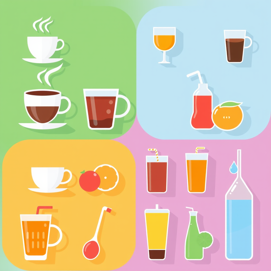 Sub-design idea 1: Create a set of icons featuring popular beverages like coffee, tea, juice, soda, and water, each in a distinct flat design style with clean lines and a simple color palette.