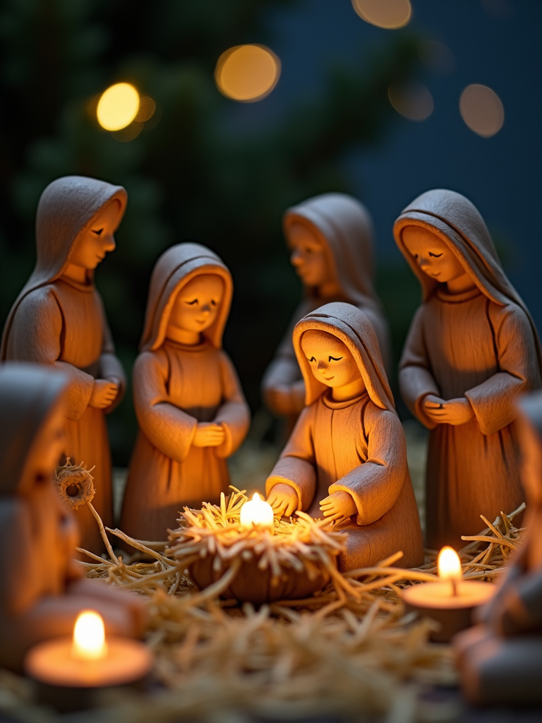 A quaint wooden nativity scene depicted with beautifully carved figures nestled amongst straw and gentle candlelight. The scene captures the simplicity and profound meaning of Christmas, showcasing Mary, Joseph, and baby Jesus accompanied by the Magi and shepherds, all set against a backdrop of a starry night sky.