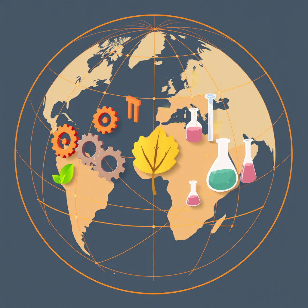 A stylized globe where lines of longitude/latitude form a protective net over diverse industry symbols (e.g., gear for manufacturing, leaf for agriculture, beaker for science) placed on continents.