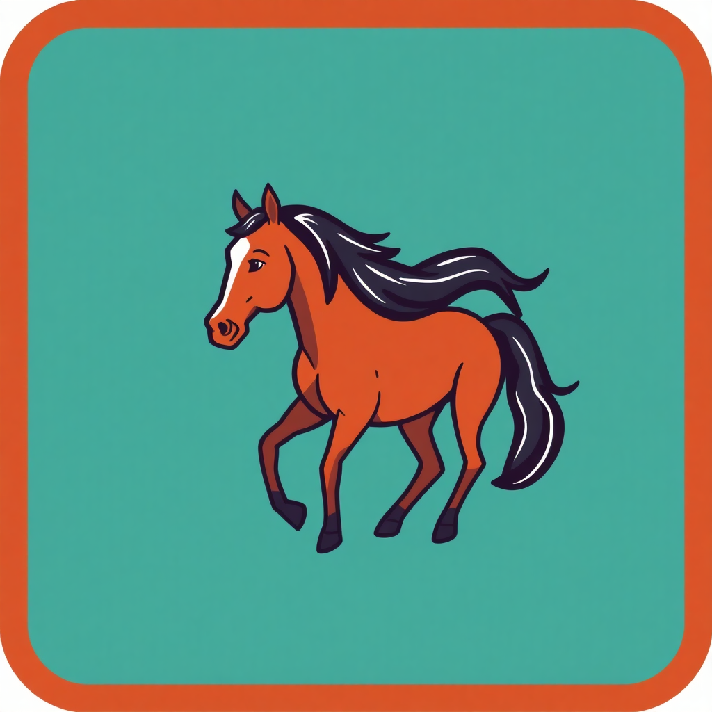 The image is a square icon with a turquoise background. In the center of the icon, there is a brown horse with a black mane and tail. The horse is galloping with its front legs stretched out and its head turned to the side. The mane is flowing in the wind and the tail is flowing behind it. The overall style of the image is cartoon-like and playful.