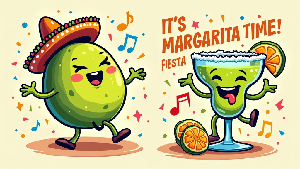 A playful 'Margarita Character Mambo' design featuring a fun, cartoon character—perhaps a dancing lime wedge wearing a small sombrero, or a cheerful margarita glass with arms, legs, and a clearly depicted salty rim. The character would be surrounded by musical notes, confetti, and citrus slices, with bold text like 'It's Margarita Time!' and 'Cinco de Mayo Fiesta!'.
