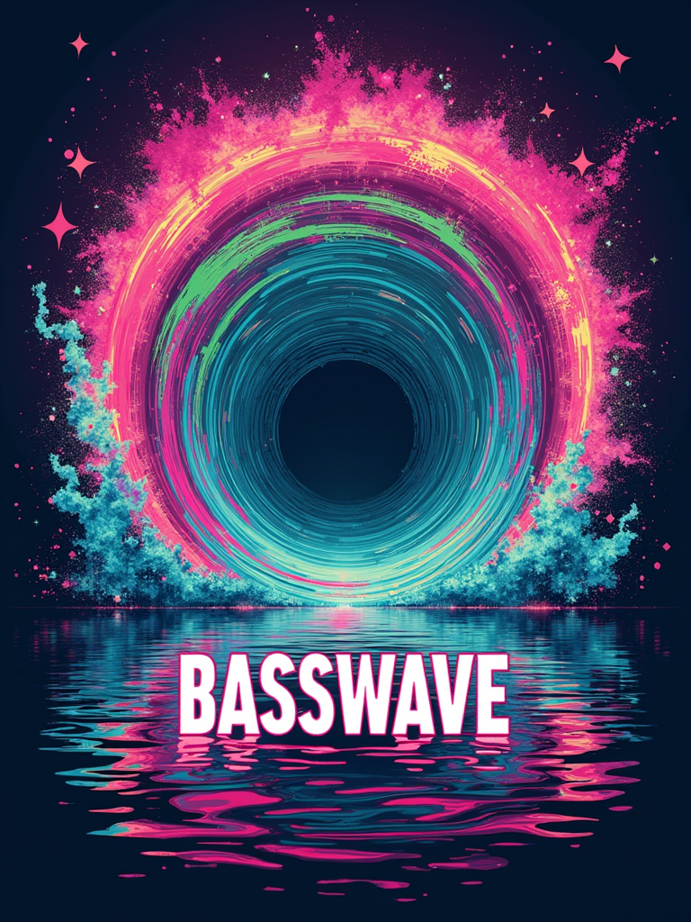 Basspod Sonic Vortex: Illustrate the Basspod as a portal with swirling, EDC-colored soundwaves creating a dynamic vortex, integrating text like 'BASSWAVE' into the energy.