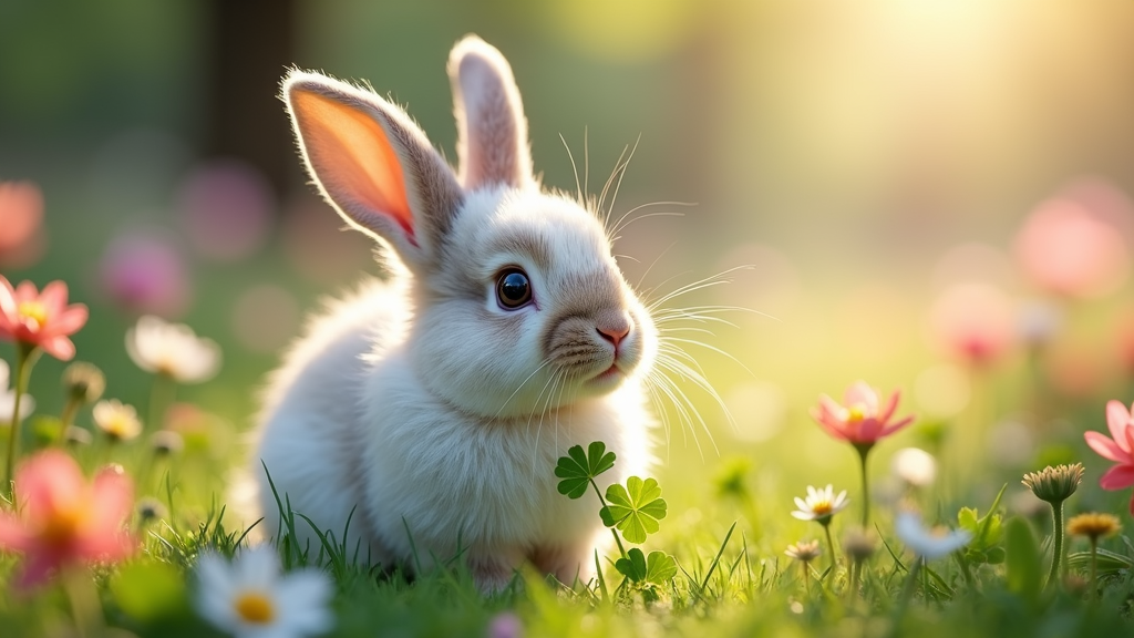 The image is a close-up of a small white rabbit sitting in a field of colorful flowers. The rabbit is facing towards the right side of the image, with its ears perked up and its eyes looking directly at the camera. The background is blurred, but it appears to be a garden or park with trees and greenery. The flowers in the foreground are pink and yellow daisies, and there are a few green clover leaves scattered around the rabbit. The sun is shining brightly, creating a warm glow on the scene. The overall mood of the photo is peaceful and serene.