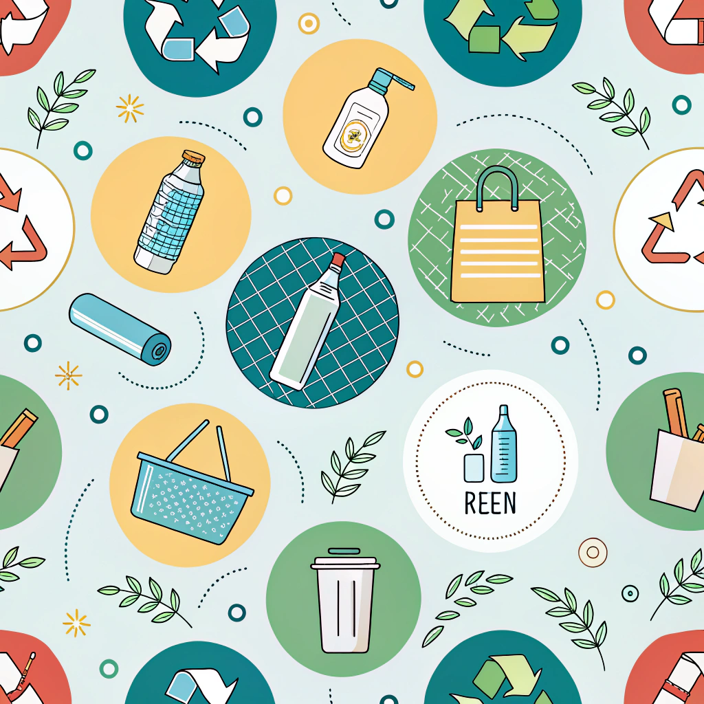 A pattern composed of visual elements representing common waste items being transformed into new, valuable products, featuring circular motifs to teach about waste reduction, upcycling, and the circular economy.