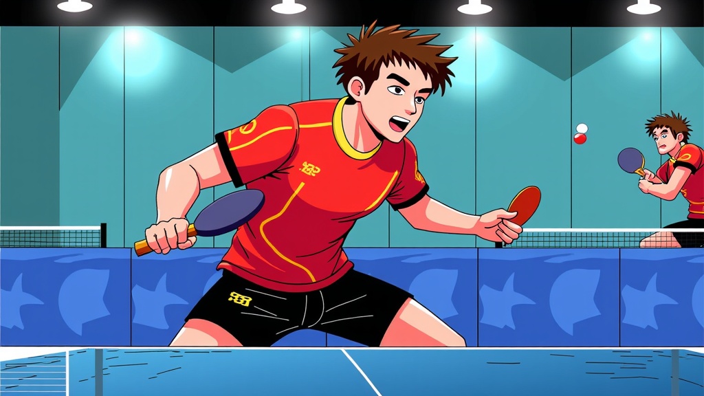  two young men playing table tennis in a indoor court. The man in the foreground is wearing a red shirt and black shorts and is holding a ping pong paddle in his right hand. He is in the middle of a backhand stroke, with his left hand extended forward and his right arm extended forward. The other man is standing behind the net, ready to hit the ball. The background shows a blue wall with a patterned design and a few spotlights. Both men appear to be focused on the game.