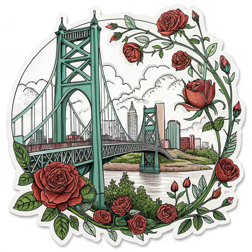 Rose Vines Intertwined with Bridges: Focus on Portland's famous bridges (e.g., St. Johns, Steel Bridge) with rose vines organically wrapping around the trusses and supports. The city skyline can be a softer, more distant element in the background, making the roses and bridges the primary focus.