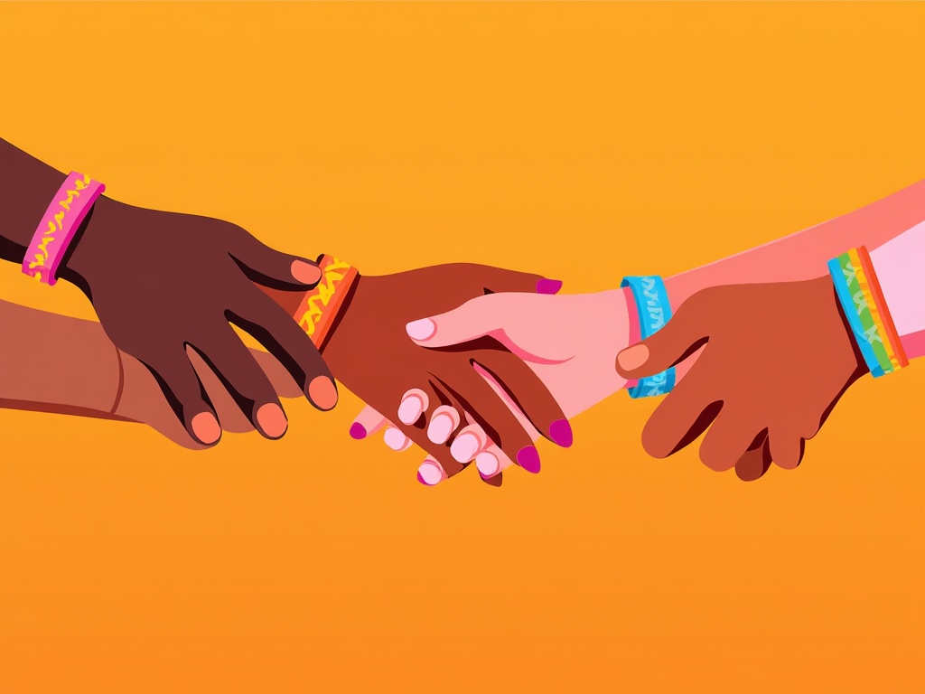 A chain of women's hands connected, representing solidarity and unity.