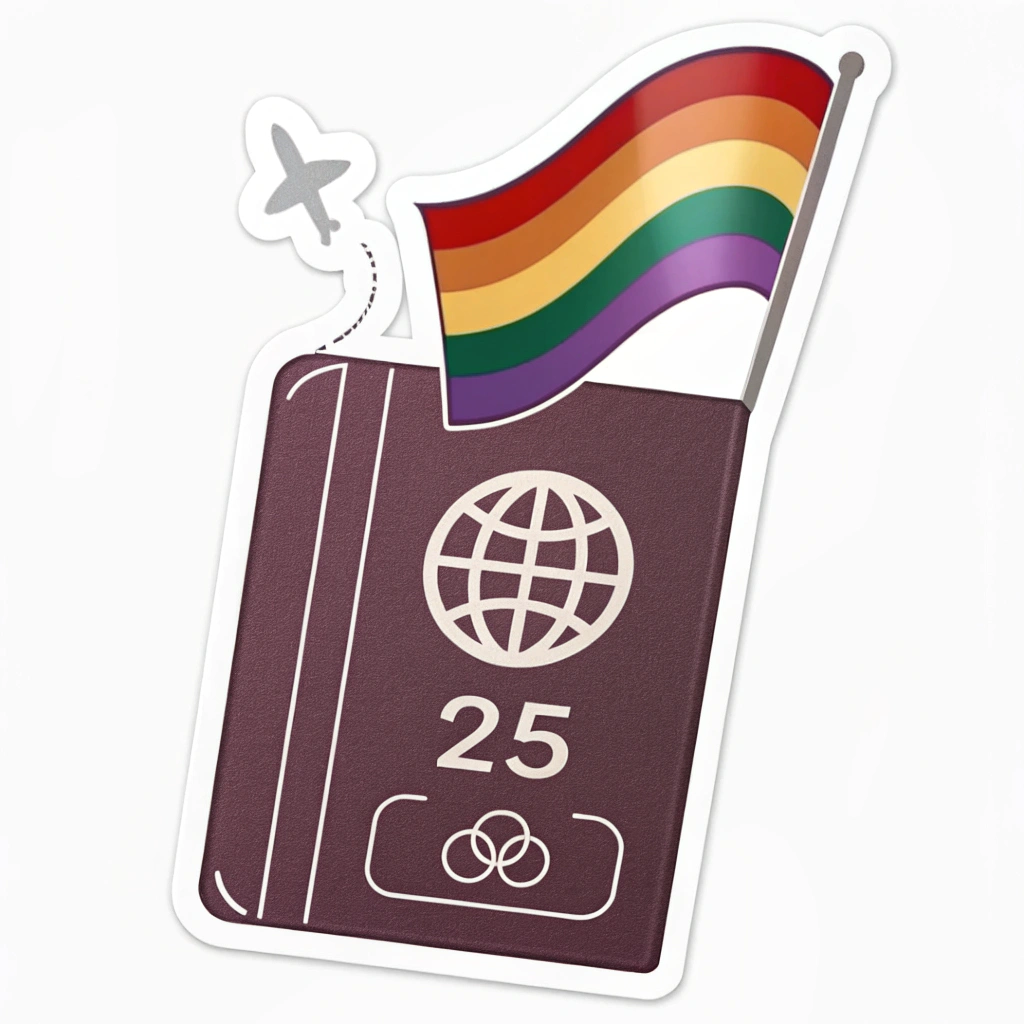 Simple Icon Idea: A simplified passport graphic with a small Progress Pride flag on its cover, and the year '25' stamped on it.