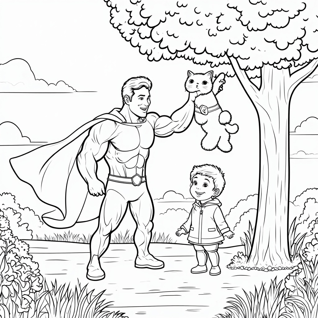 Superhero carefully lifting a stranded cat down from a tall tree to a relieved child below.