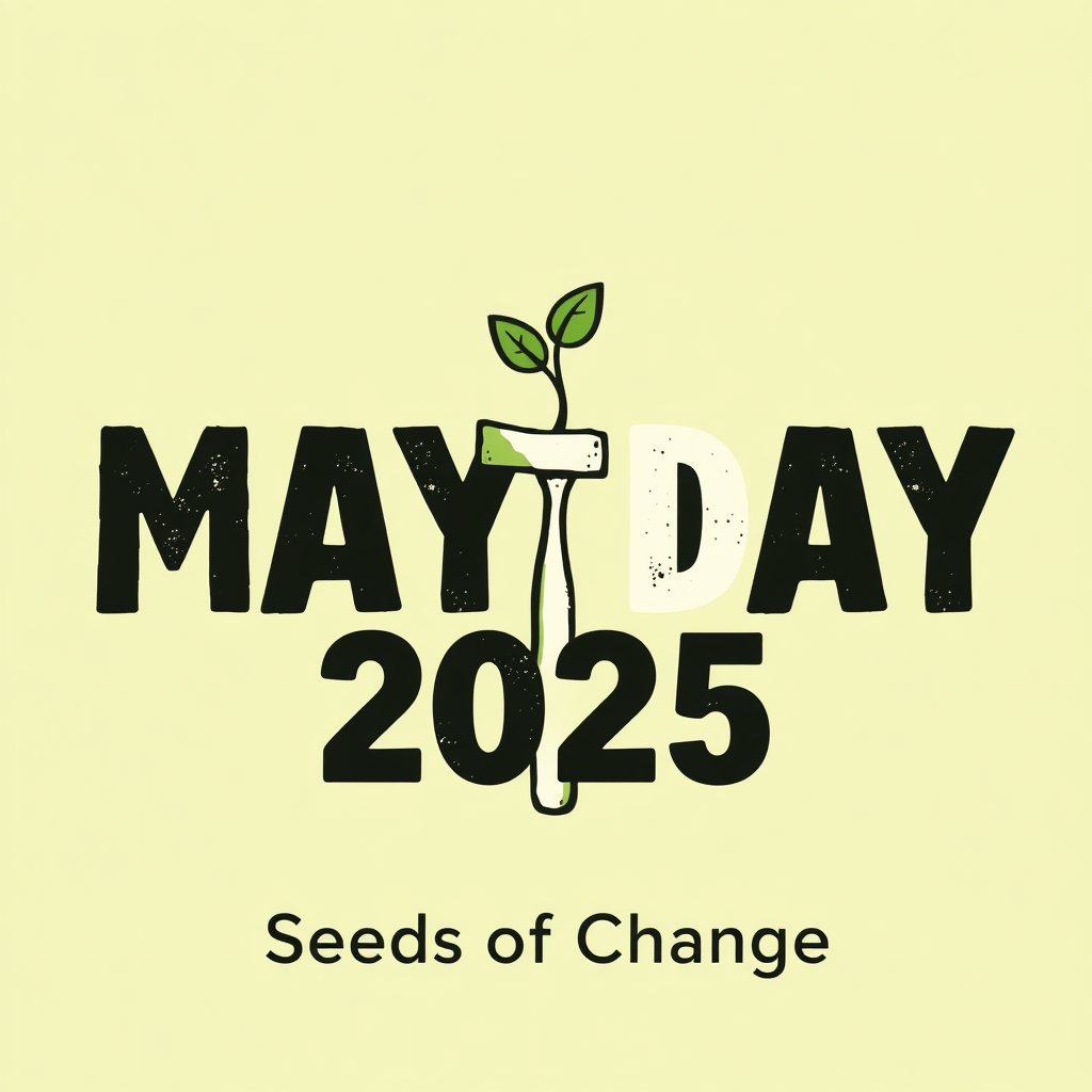 Simple Logo Idea: The text 'MAY DAY 2025' in a bold, protest-style stencil font. A simple graphic element of a sprout growing alongside or out of a basic tool symbol (e.g., hammer). 'Seeds of Change' as a smaller, clear tagline underneath.