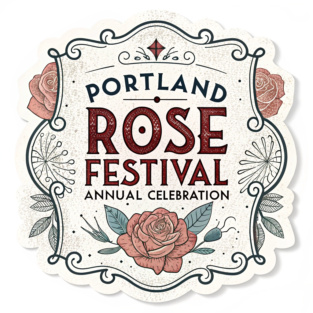 Vintage Fair Announcement Sticker: Evokes classic fair or circus posters with a central rose illustration or festival motif, ornate borders, distressed textures, and bold, layered typography reading 'Portland Rose Festival Annual Celebration'.