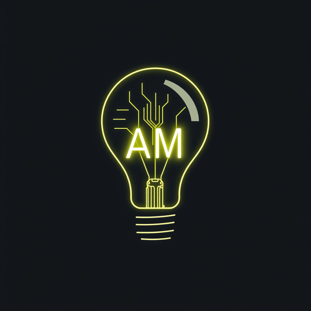 Minimalist Lightbulb with Glowing Circuit Filament: A clean, outlined lightbulb shape where the traditional filament is replaced by subtle, glowing circuit board patterns, potentially hinting at abstract initials (e.g., 'AM' for Algorithmic Muse).