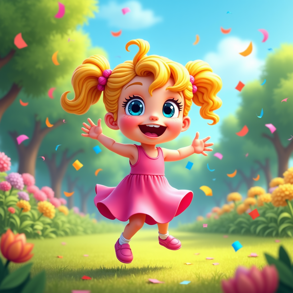 The image is a digital illustration of a little girl with blonde hair and blue eyes. She is wearing a pink dress and pink shoes. The girl is standing on a grassy field with trees and flowers in the background. The sky is blue and there are colorful confetti falling from the sky. She has a big smile on her face and her arms are stretched out to the sides, as if she is dancing or celebrating. The overall mood of the image is cheerful and playful.