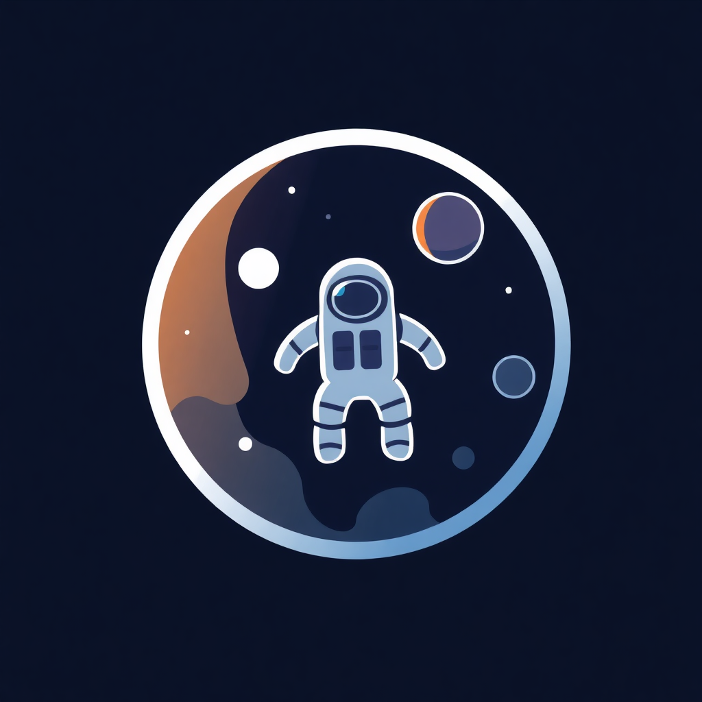 The image is an illustration of an astronaut floating on the surface of the moon. The astronaut is in the center of the image, with its body facing towards the left side of the circle. The background is a dark blue color, with the moon's surface in shades of brown and orange. The moon is surrounded by small white dots, representing the planets and stars. The overall design is simple and minimalistic, with a focus on the astronaut and the planet.