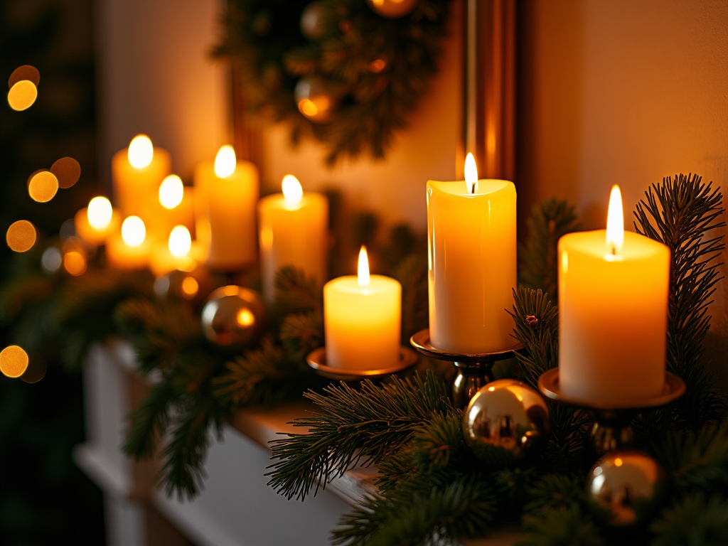 A beautiful array of festive candles flickering softly on a mantel decorated with garlands and holly. The golden light casts a warm glow on the surrounding room, reflecting in baubles and complementing the subtle pine aroma. Each candle stands in an elegant holder, a symbol of hope and light during the holiday season.