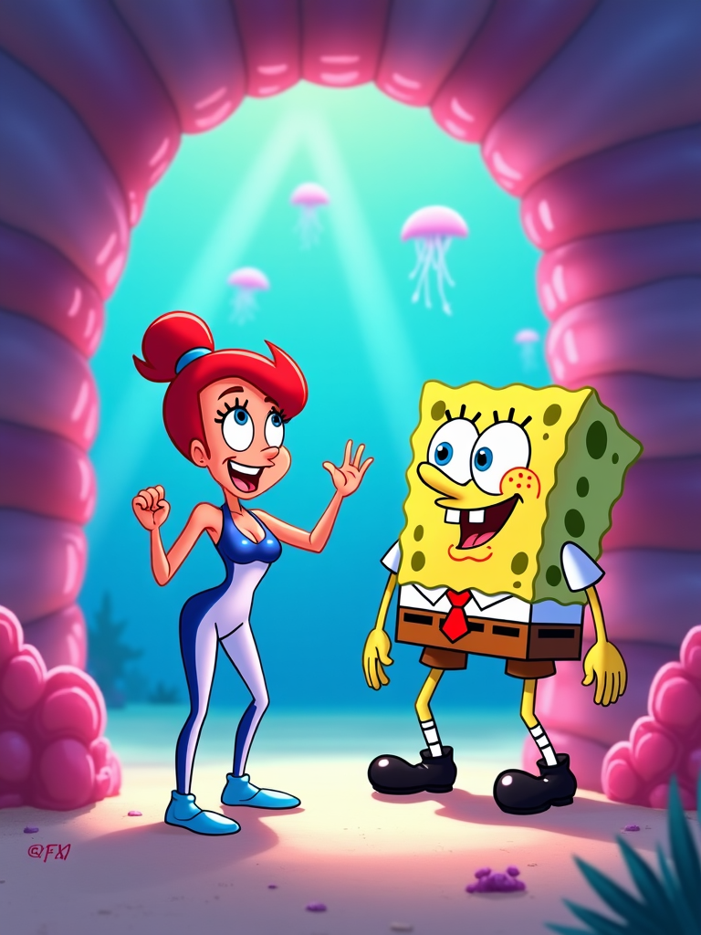 Sandy Cheeks in her diving suit, showing SpongeBob her latest karate moves under a pink coral archway in Jellyfish Fields.