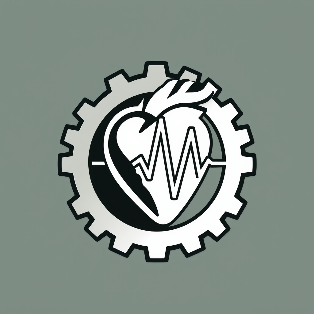 Design a logo where half of a mechanical gear seamlessly merges into half of a heart symbol, with a clean EKG/heartbeat line running horizontally across the point of connection.