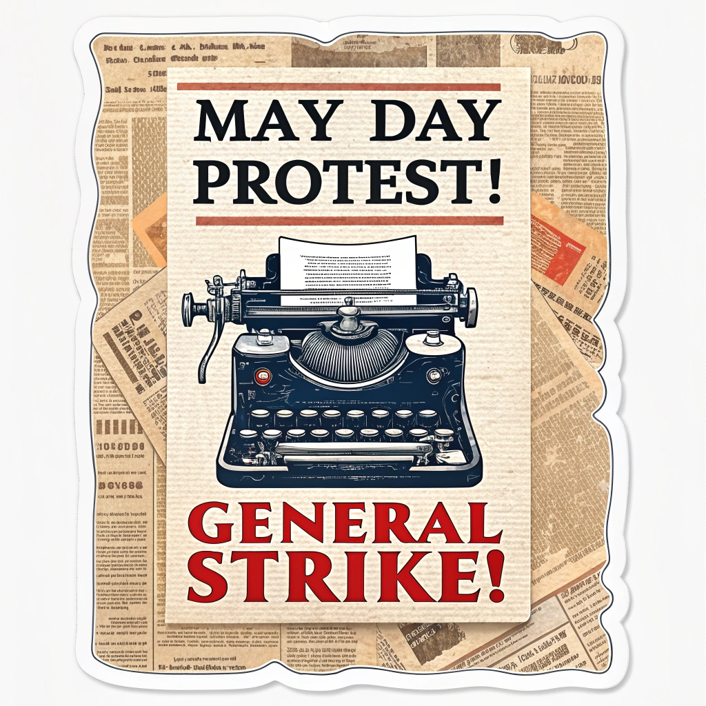 Sub-Design Idea 5 (Newsprint Protest Call): Sticker designed to look like a vintage newspaper clipping or protest flyer. Employs a distressed newsprint texture for the background, uses typewriter or bold, blocky headline fonts for messaging like 'MAY DAY PROTEST!' or 'GENERAL STRIKE!', and could incorporate grainy, halftone-effect imagery of historical protests.