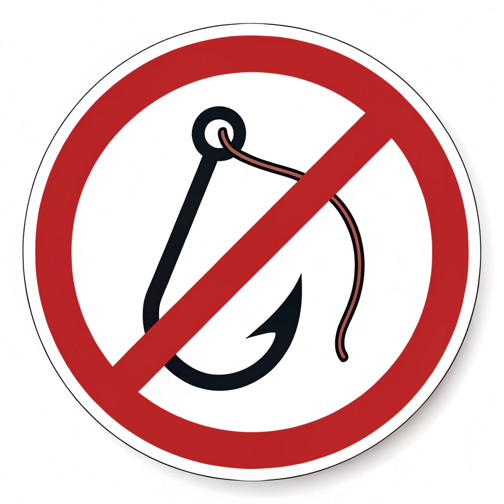 Prohibition Hook: A classic red prohibition symbol (circle with a diagonal line) directly over a stylized fishing hook. Clean, universally understood warning.