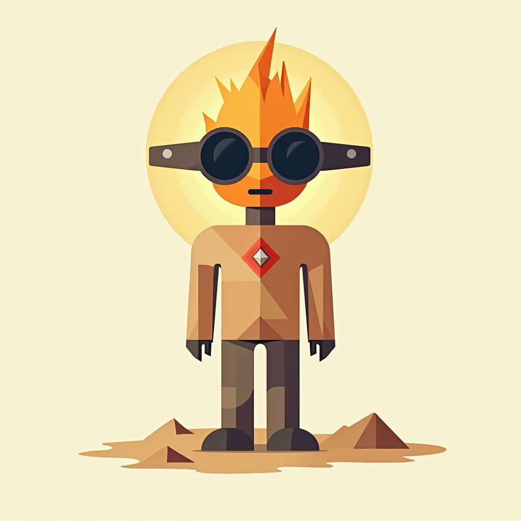 Sub-Design Idea 3: 'Geometric Effigy & Goggles' - A minimalist design featuring a geometric, abstract icon of the Burning Man effigy. Elements of the effigy's design (e.g., its 'head' or 'body') are cleverly replaced or integrated with the shape of desert goggles, symbolizing vision and experience.