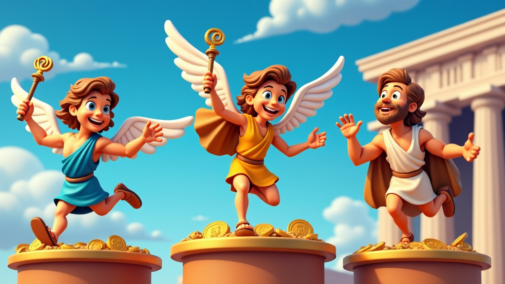 A series of collectible statues of Hermes in various poses, each representing a different aspect of his role, such as speed, communication, or commerce.