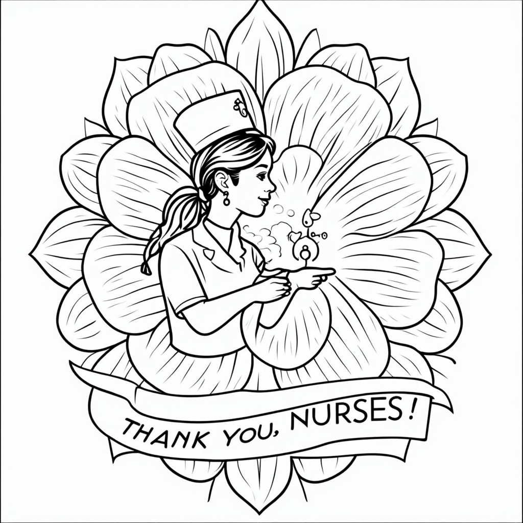 Nurse Silhouette within Floral Bloom: A gentle silhouette of a nurse (e.g., profile, or holding a light) at the center of a large, blooming flower that forms the mandala. The petals are detailed for coloring. 'Thank You, Nurses!' is written on a ribbon that appears to be part of the flower's stem or leaves.