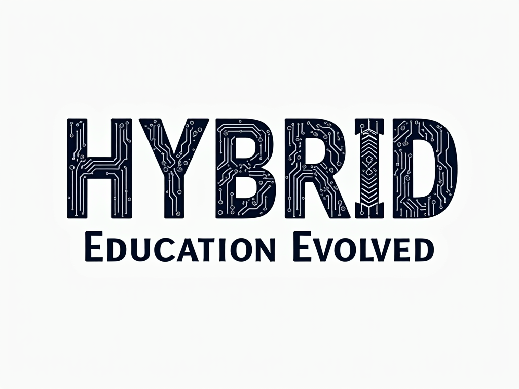 Typography design with 'Hybrid' in a bold, modern font, interwoven with circuitry patterns, and 'Education Evolved' in a classic serif font below.
